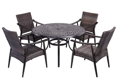 [Dropshipping] Outdoor 5 Piece Wicker Dining Set Patio Furniture, Wicker Mid-Century Modern Design Dining Chair Set with 48 inch Round Alum Casting Ta