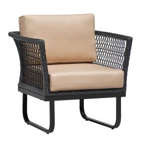 All Weather Steel Frame Rattan Armchair with Cushion, Navy Blue (Color: Khaki)