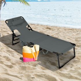 Folding Beach Lounge Chair with Pillow for Outdoor (Color: Gray)