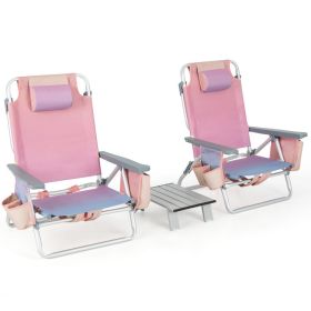 2 Pack 5-Position Outdoor Folding Backpack Beach Table Chair Reclining Chair Set (Color: pink)