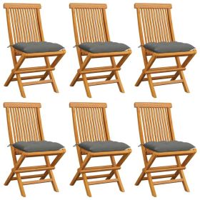 Patio Chairs with Gray Cushions 6 pcs Solid Teak Wood (Color: Grey)