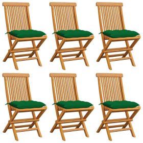 Patio Chairs with Green Cushions 6 pcs Solid Teak Wood (Color: Green)