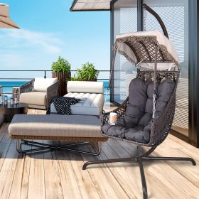 Swing Egg Chair with Stand Indoor Outdoor, UV Resistant Cushion Hanging Chair with Cup Holder, Anti-Rust with Wicker Rattan Frame 350lbs Capacity Hamm (Color: Brown)